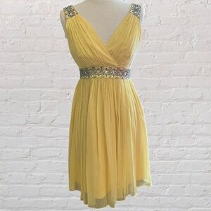 Maggy London vintage sleeveless yellow silk cocktail dress with silver beading